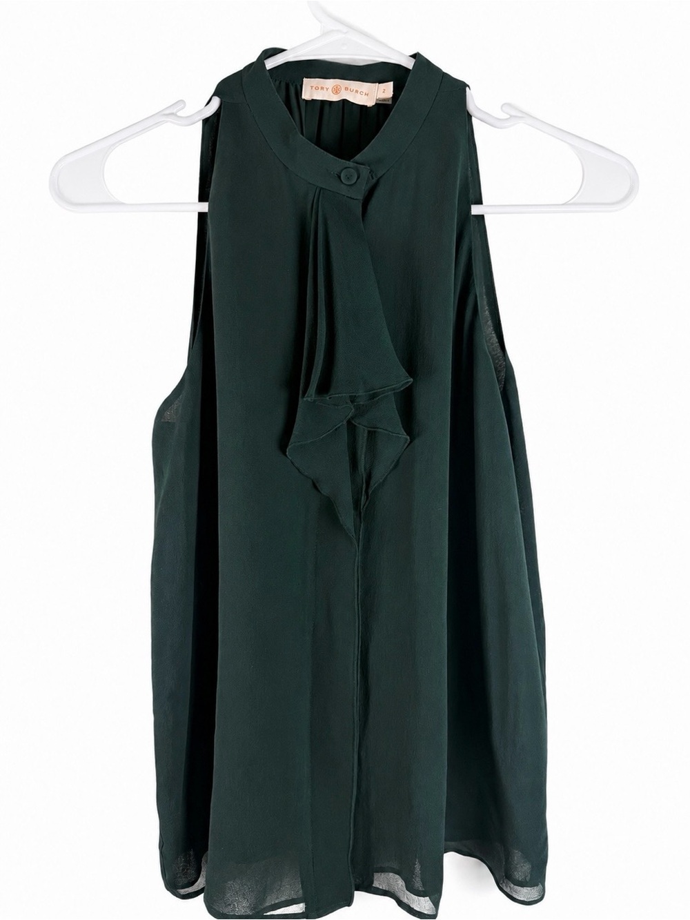 Tory Burch 100% Silk Sleeveless Ruffle Front Blouse Dark Green Size 2